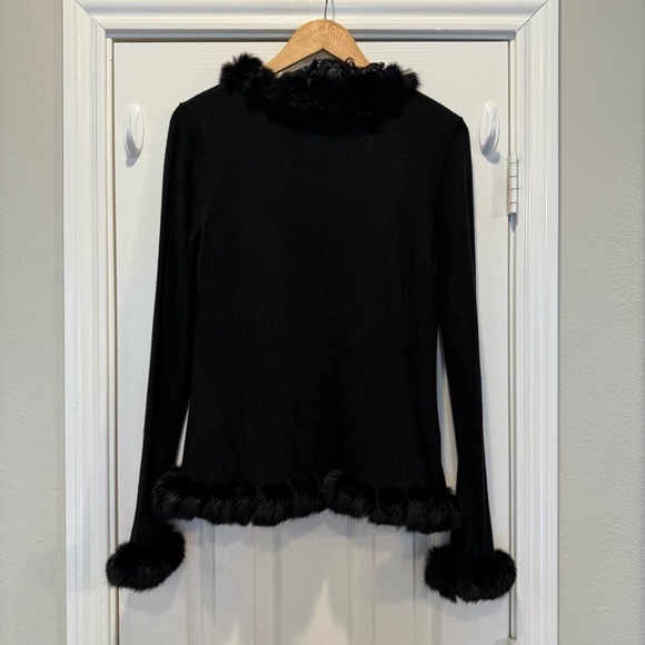 Vtg Bloomingdale’s Cardigan Women’s M Black Cashmere Silk Fur Lace Trim Y2K 90s - Picture 2 of 8